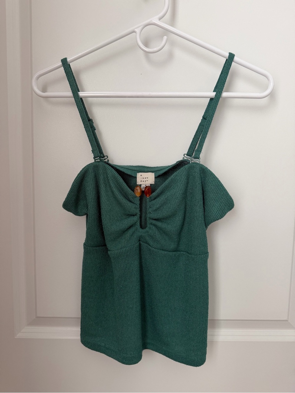 A New Day • Green Knit Camisole top with Ruching and Beaded Detail • NWOT